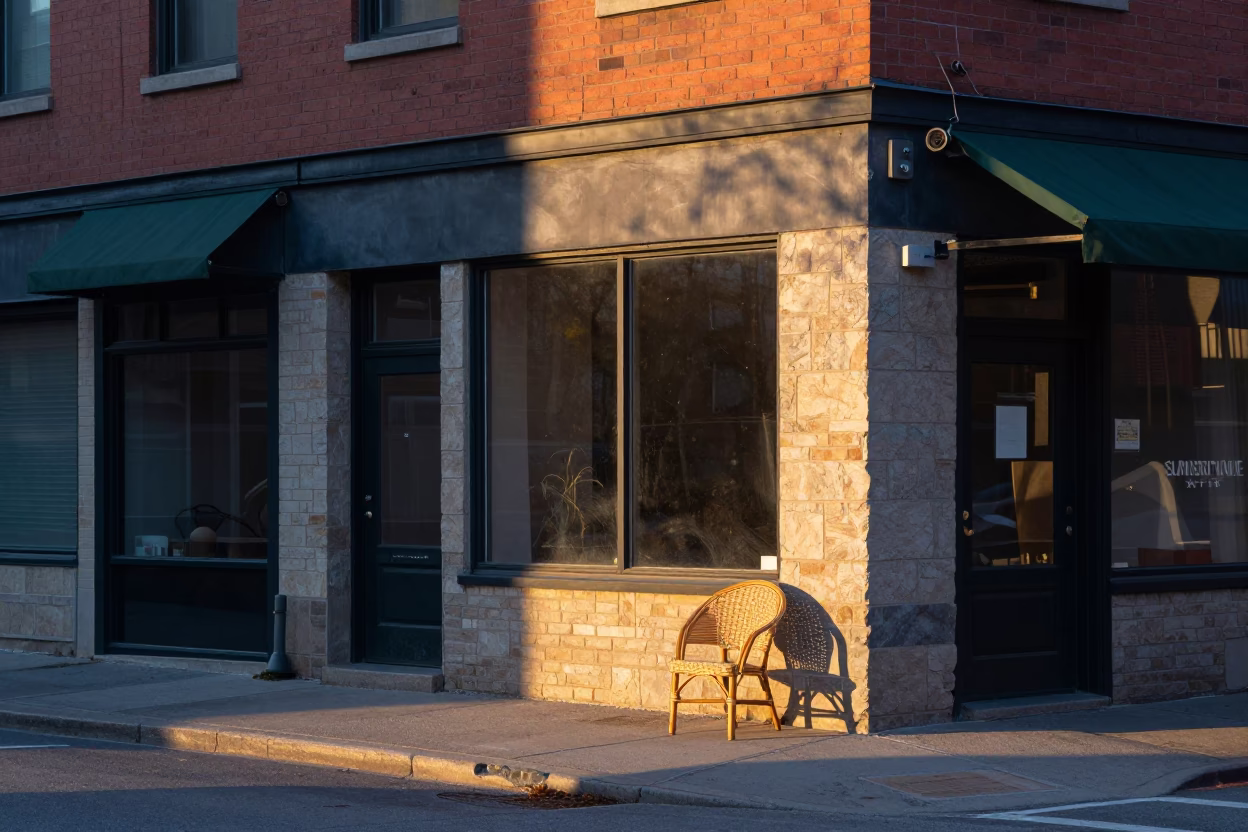 Dawn Light on Toronto Street Corner with Wicker Chair Shadow and Condor in in Toronto, Ontario, Canada