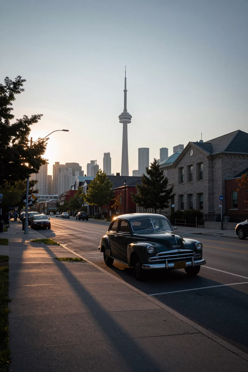 Dawn light on Toronto street with vintage car and university courtyard umbrellas in in Toronto, Ontario, Canada