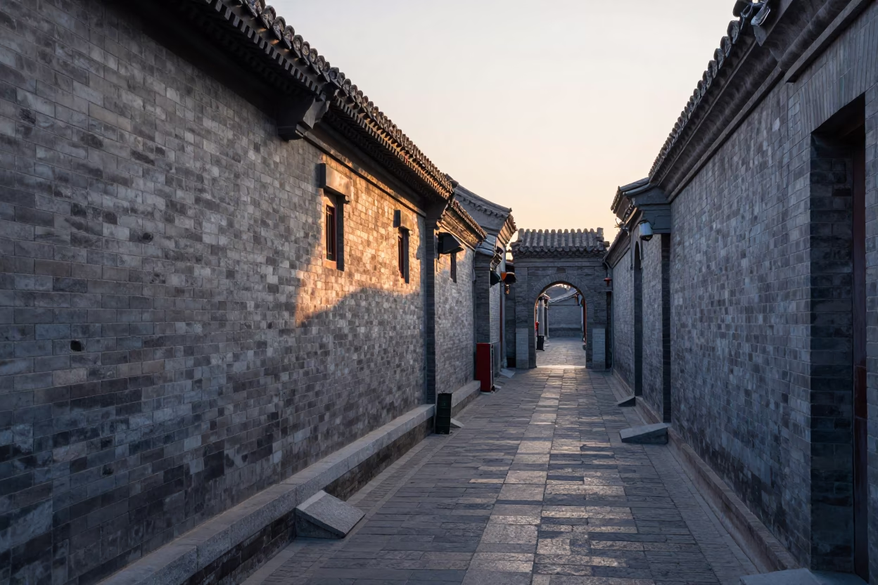 Dawn light on traditional Beijing hutong street with stone archway and morning market vendors in in Beijing, China