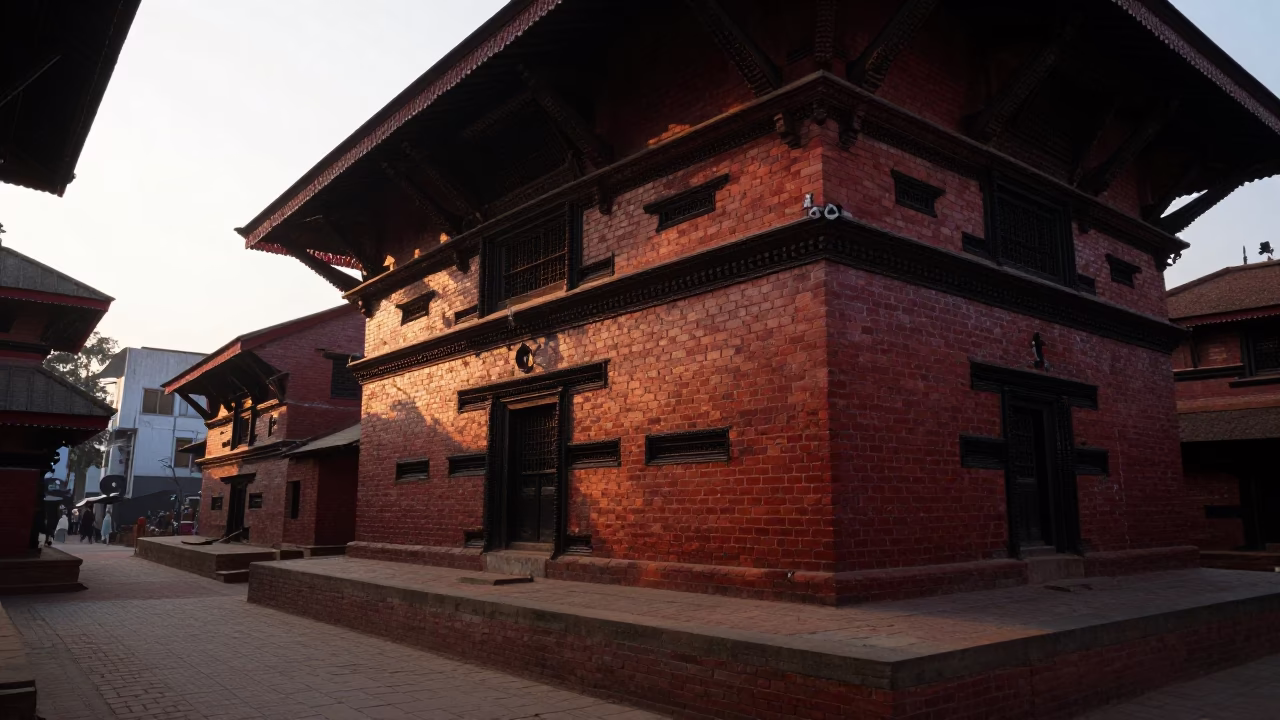 Dawn Light on Traditional Brick Architecture and Ceramic Tiles in Kathmandu Nepal Street Scene in in Kathmandu, Nepal