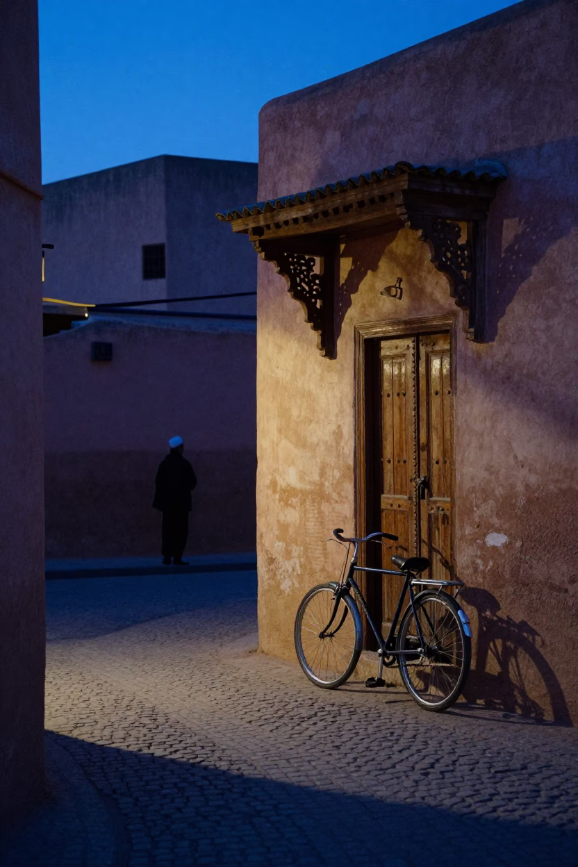 Dawn Light on Traditional Fez Alley with Bicycle and Bakery Doorway in in Fez, Morocco