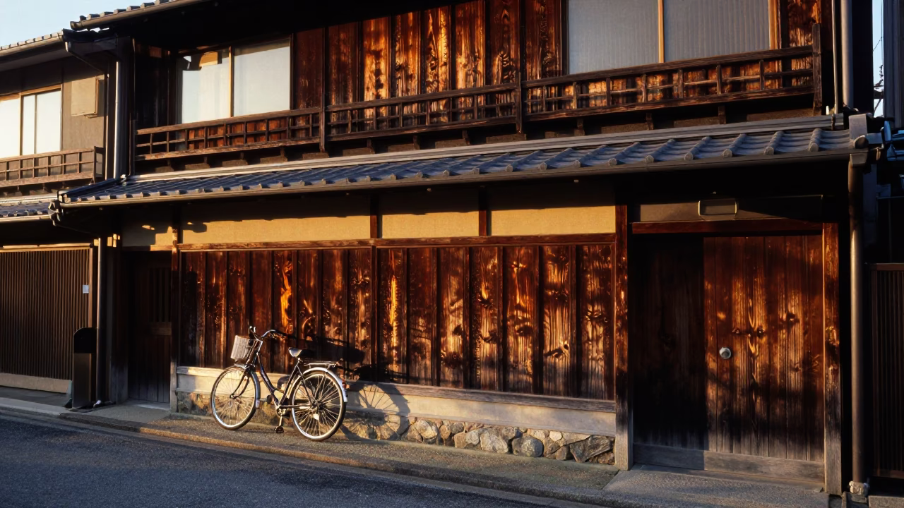 Dawn light on traditional Kyoto machiya wooden facade with bicycle and street details in in Kyoto, Japan