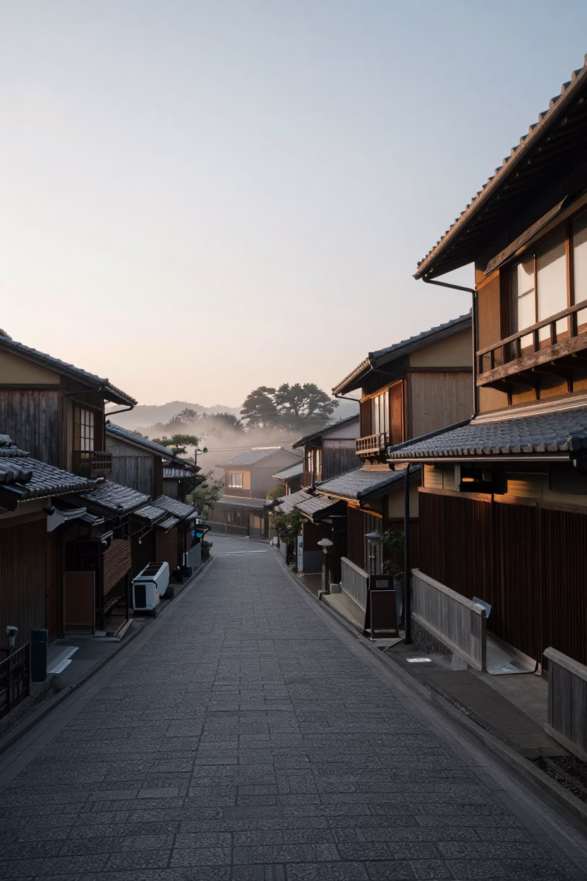Dawn Light on Traditional Kyoto Streets with Vintage 1970s Aesthetic in in Kyoto, Japan