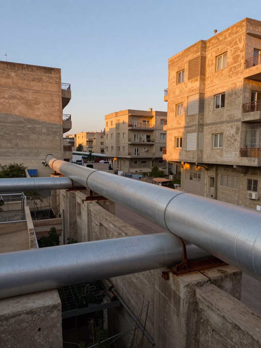 Dawn light on Tunis district heating pipes between concrete apartment blocks in in Tunis, Tunisia
