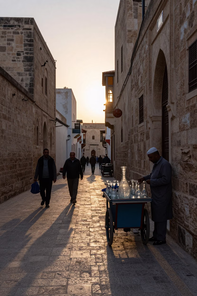 Dawn light on Tunis medina streets with glass carafe and teapot in in Tunis, Tunisia