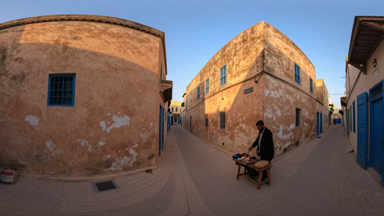 Dawn Light on Tunis Medina Streets with Local Vendor and Traditional Market Activity in in Tunis, Tunisia