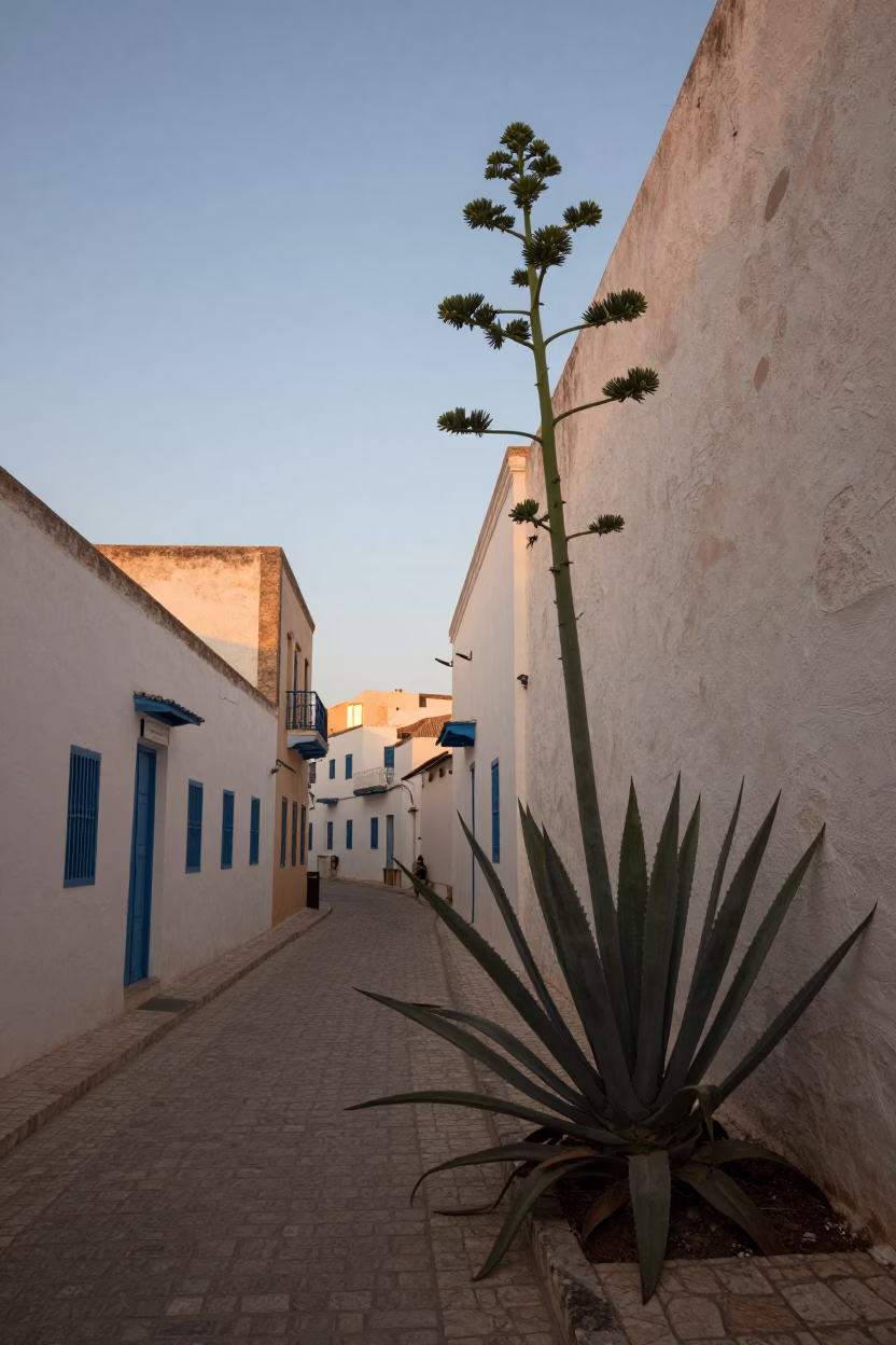 Dawn Light on Tunis Street with Agave Plant and Traditional Architecture in in Tunis, Tunisia