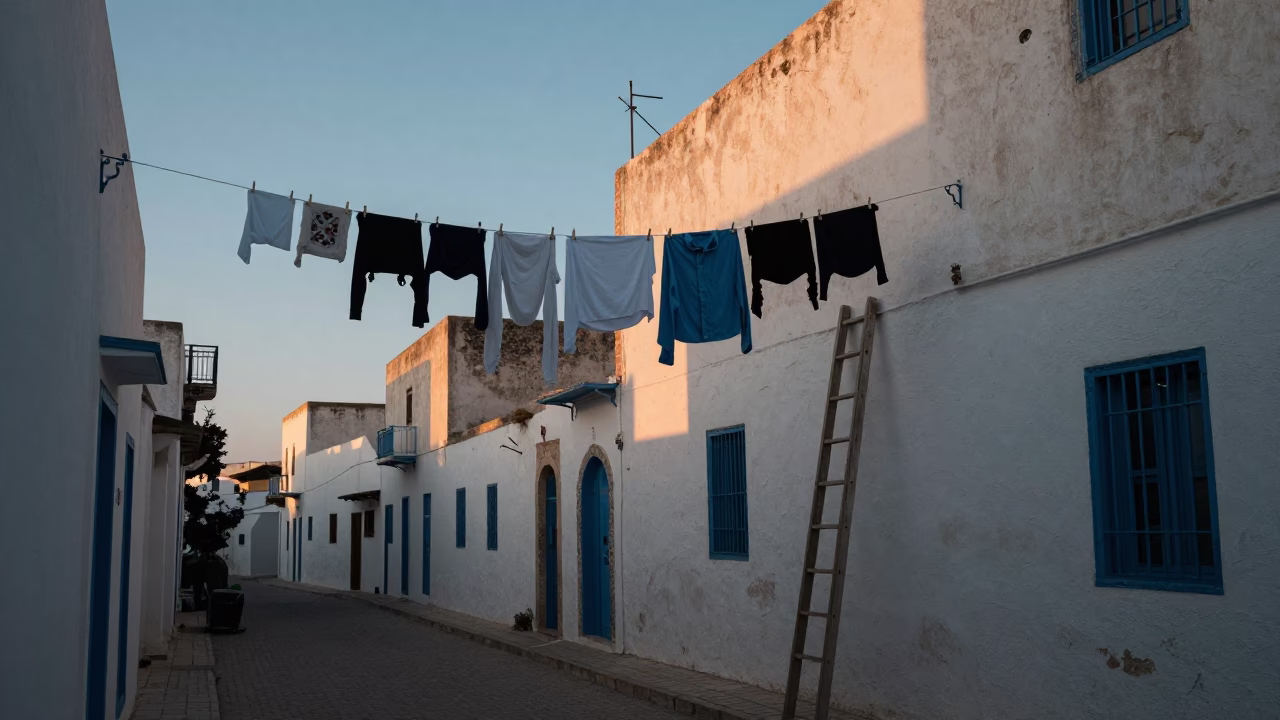 Dawn Light on Tunis Street with Clothesline and Ladder in Early Morning in in Tunis, Tunisia