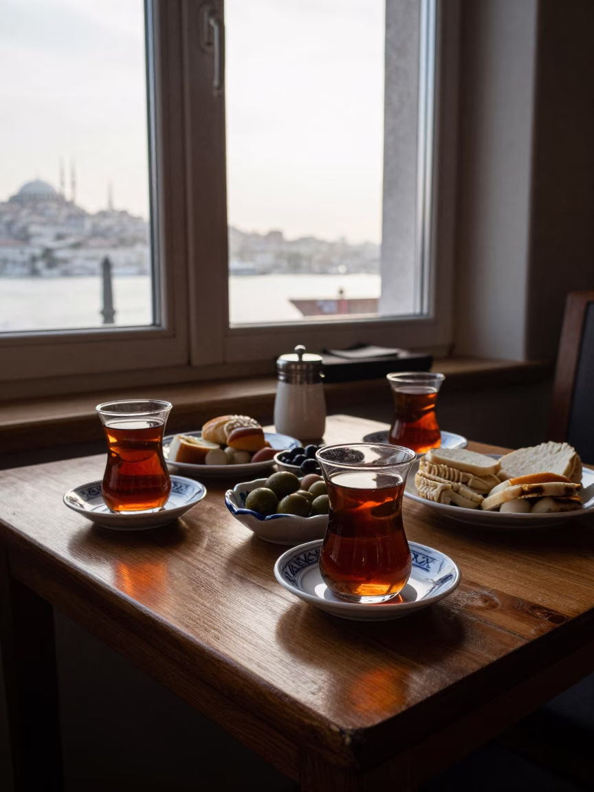 Dawn Light on Turkish Breakfast Table with Glass Tumblers and Olive Dish in Istanbul in in Istanbul, Turkey