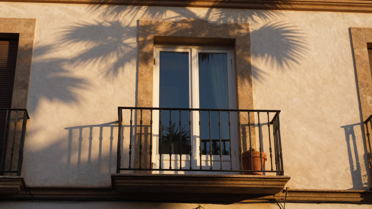Dawn Light on Valencia Balcony with Leaf Shadows and Flowerpot in in Valencia, Spain