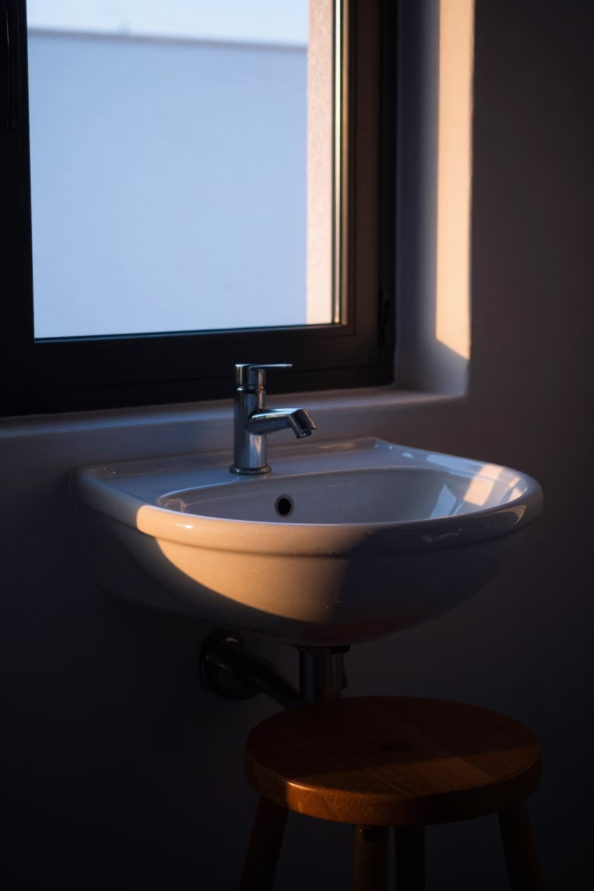 Dawn light on Valencia ceramic basin and kitchen stool before sunrise in in Valencia, Spain