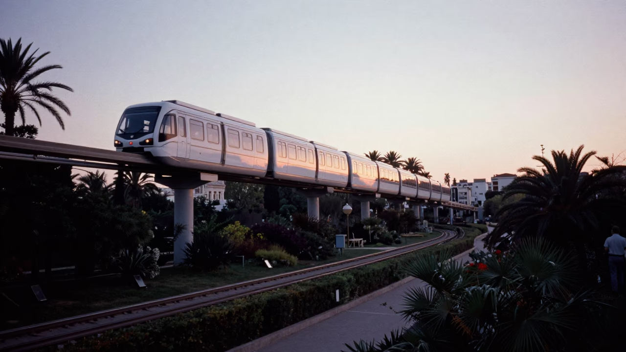 Dawn Light on Valencia's Turia Gardens Monorail and Glass Reflections in in Valencia, Spain