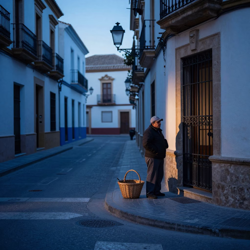 Dawn Light on Valencia Street Corner with Wicker Basket and Morning Routine in in Valencia, Spain