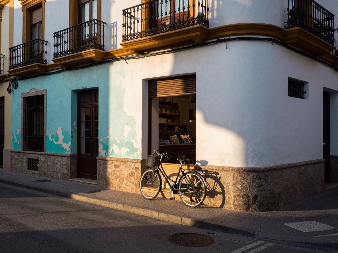Dawn Light on Valencia Street with Bicycle and Bakery Facade in in Valencia, Spain
