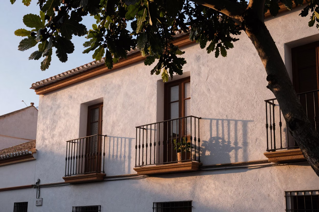 Dawn light on Valencia street with fig tree condensation and steel details in in Valencia, Spain