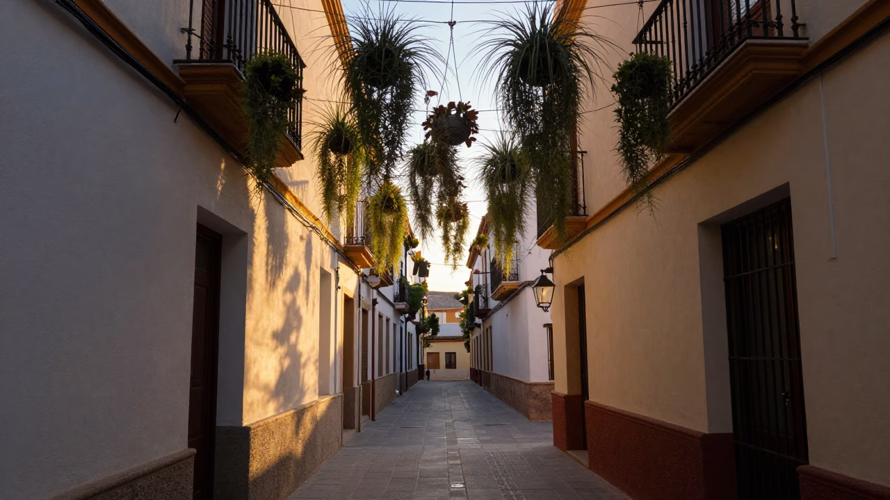 Dawn light on Valencia street with hanging plants and condensation in in Valencia, Spain