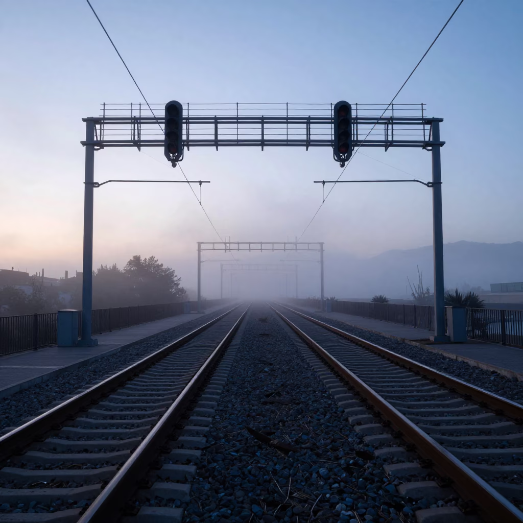 Dawn light on Valencia tram tracks with signal gantry and morning mist in in Valencia, Spain