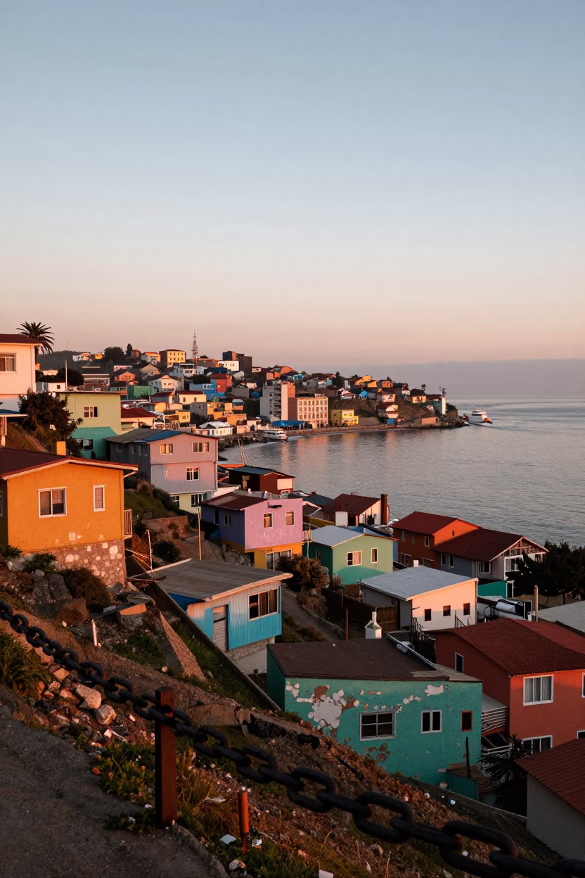 Dawn Light on Valparaiso Chile Colorful Hillside Houses and Chain Ferry Crossing the Bay in in Valparaiso, Chile