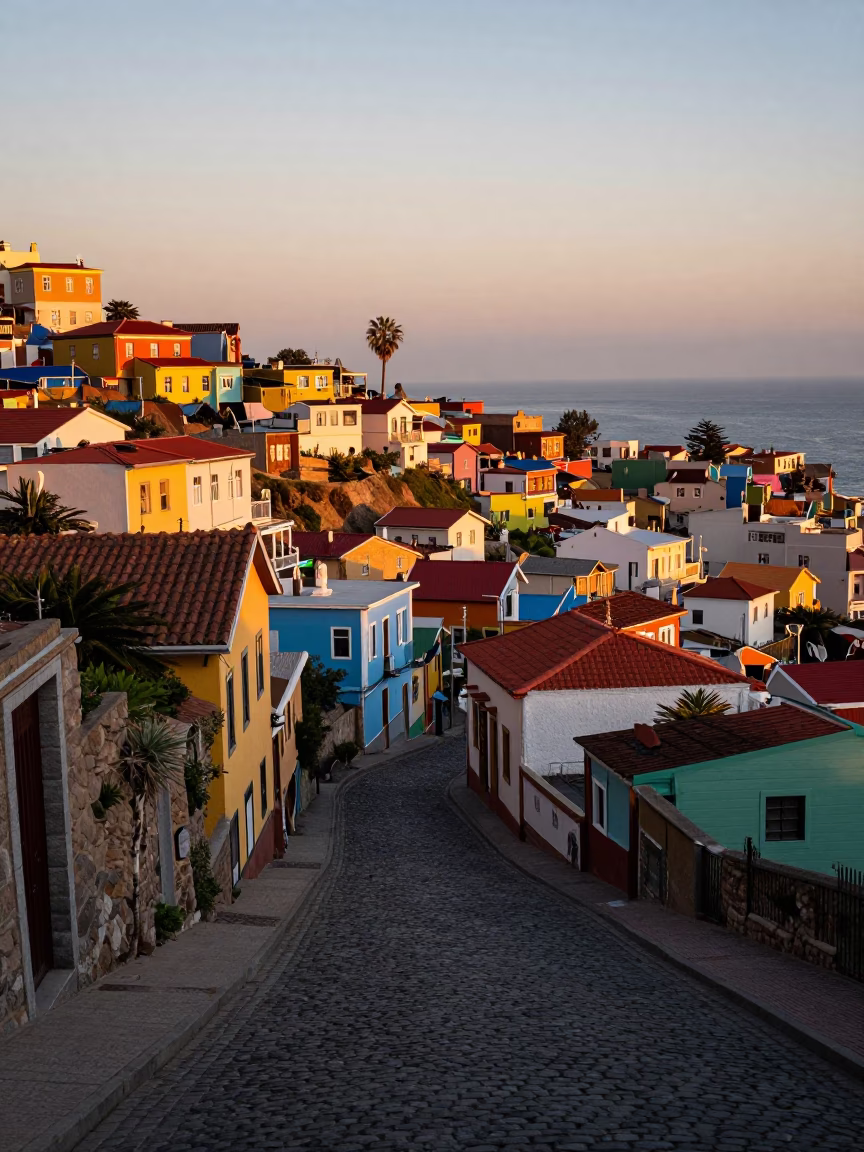 Dawn Light on Valparaiso Chile Colorful Hillside Steep Streets and Pacific Ocean Horizon in in Valparaiso, Chile