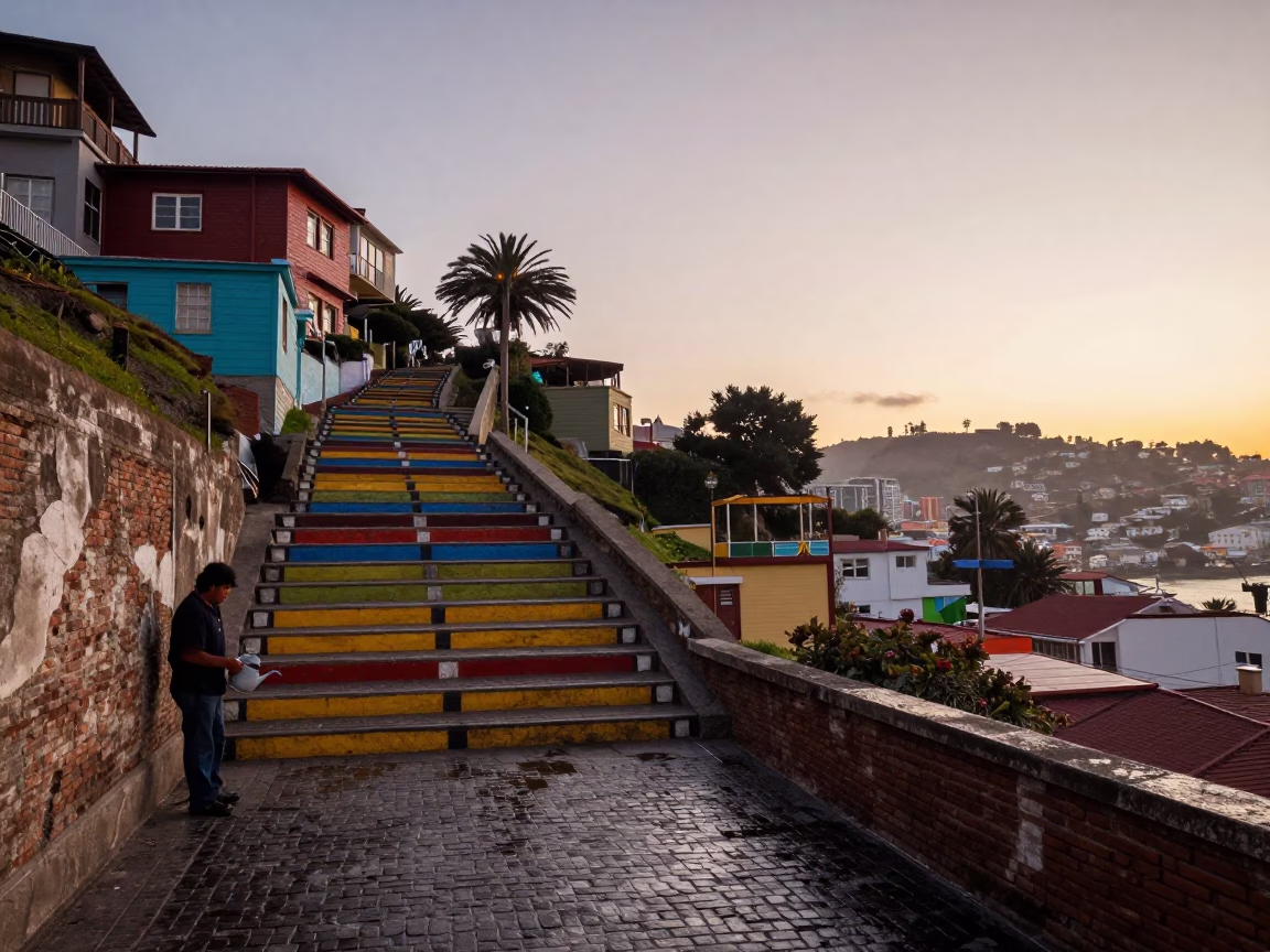 Dawn Light on Valparaiso Hillside Steps with Watering Jug and Wet Brick Architecture in in Valparaiso, Chile