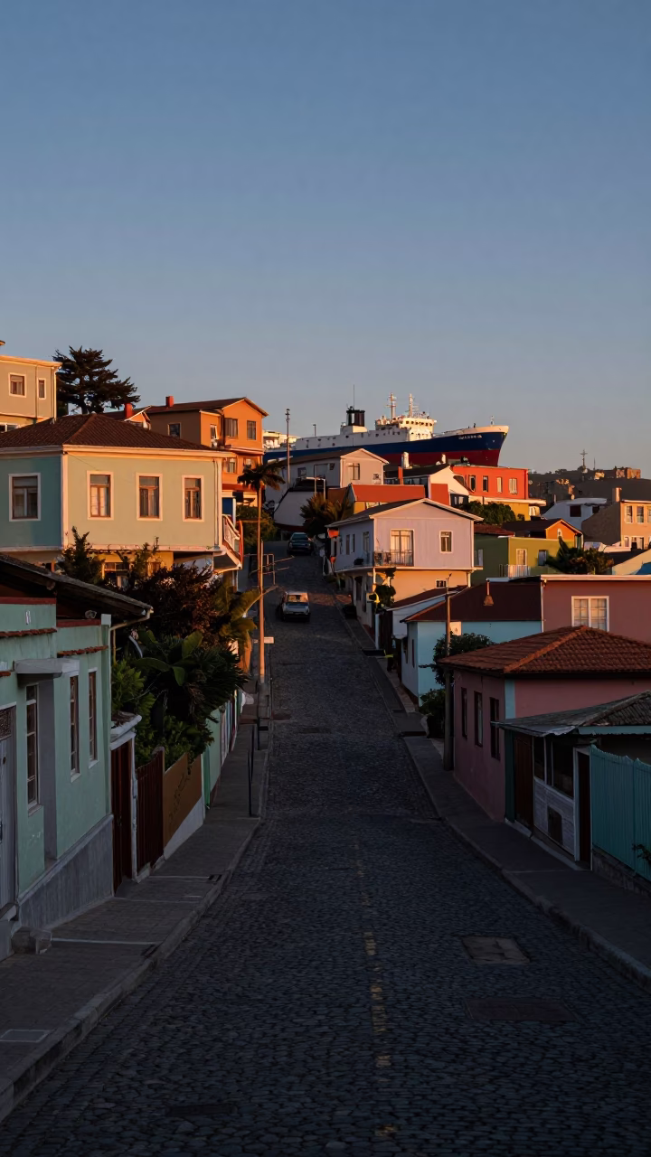 Dawn Light on Valparaiso Hillside Street with Cargo Ship Horizon in in Valparaiso, Chile