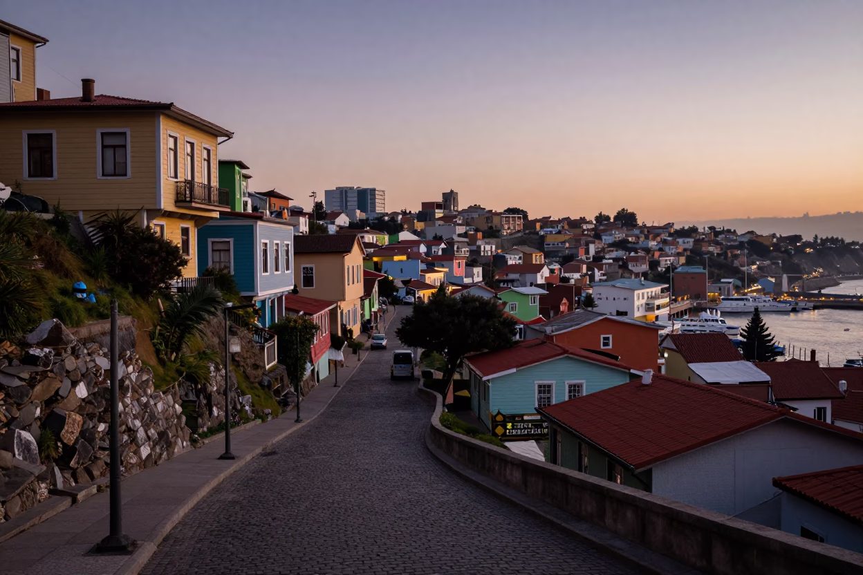 Dawn Light on Valparaiso Hillside Streets and Harbor with Junk Boat in in Valparaiso, Chile