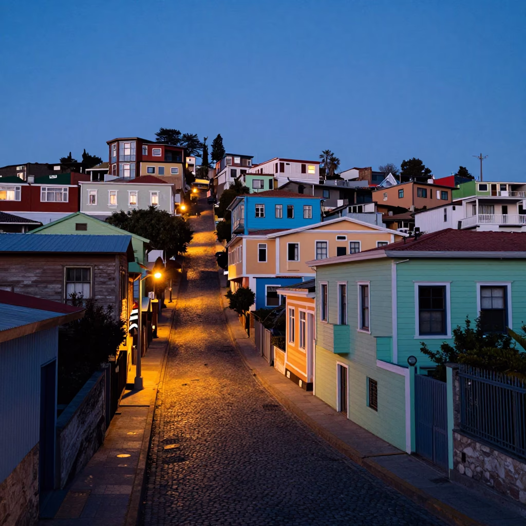 Dawn Light on Valparaiso Steep Streets with Colorful Houses and Vintage Car in in Valparaiso, Chile