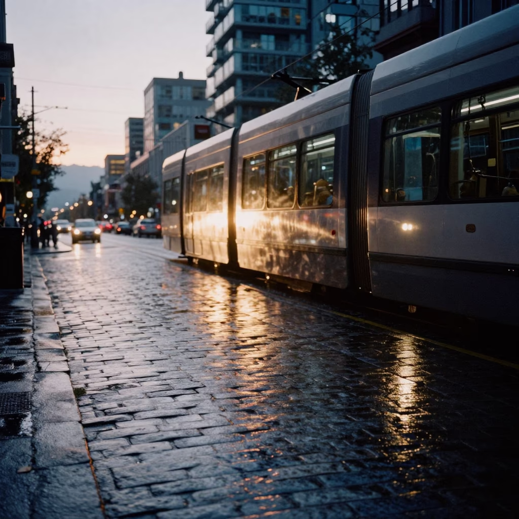 Dawn Light on Vancouver Cobblestones with Tram Reflection and Rain in in Vancouver, British Columbia, Canada