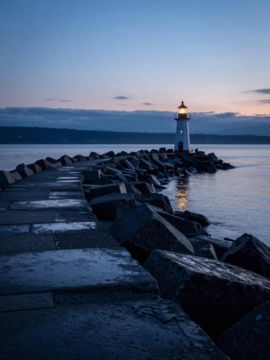 Dawn Light on Vancouver Harbor Breakwater and Lighthouse Before Sunrise in in Vancouver, British Columbia, Canada