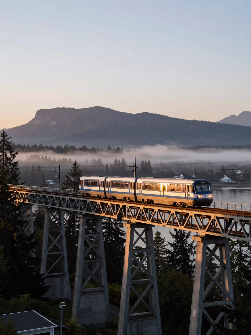 Dawn Light on Vancouver Skytrain Trestle Over Burrard Inlet Gorge with Steel Infrastructure in in Vancouver, British Columbia, Canada