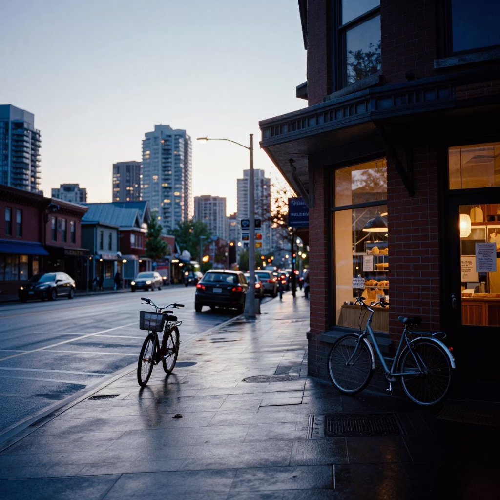 Dawn Light on Vancouver Street with Bicycle and Bakery Crate in in Vancouver, British Columbia, Canada