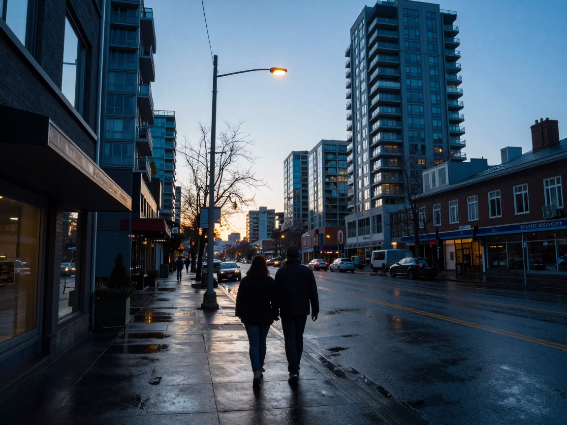Dawn Light on Vancouver Street with Couple Walking and Gelato Shop Display in in Vancouver, British Columbia, Canada