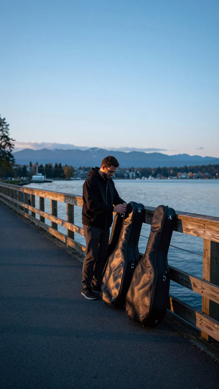 Dawn light on Vancouver waterfront with musician packing instrument cases near Stanley Park in in Vancouver, British Columbia, Canada