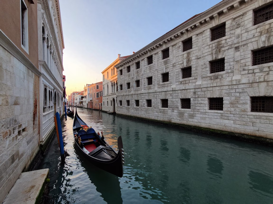 Dawn Light on Venetian Canal with Traditional Gondola and Historic Stone Architecture in in Venice, Italy
