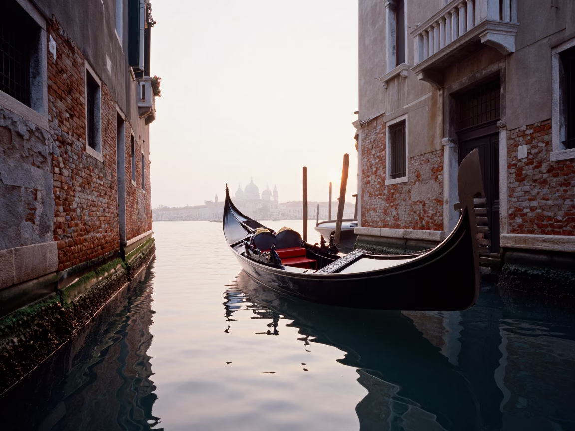 Dawn Light on Venetian Canals with Gondola and Condensation in in Venice, Italy