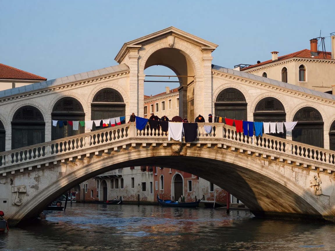 Dawn light on Venice canal bridge with laundry and geraniums in in Venice, Italy