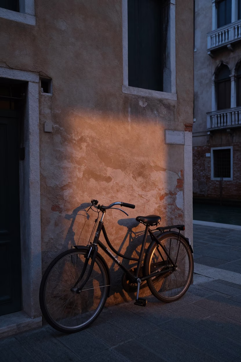 Dawn Light on Venice Canal Street with Vintage Bicycle and Fingerprinted Doorframe in in Venice, Italy
