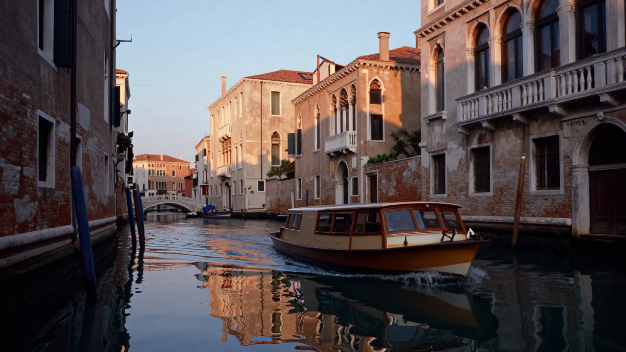 Dawn Light on Venice Canal with Barco Mail Boat and Canal Bank Details in in Venice, Italy