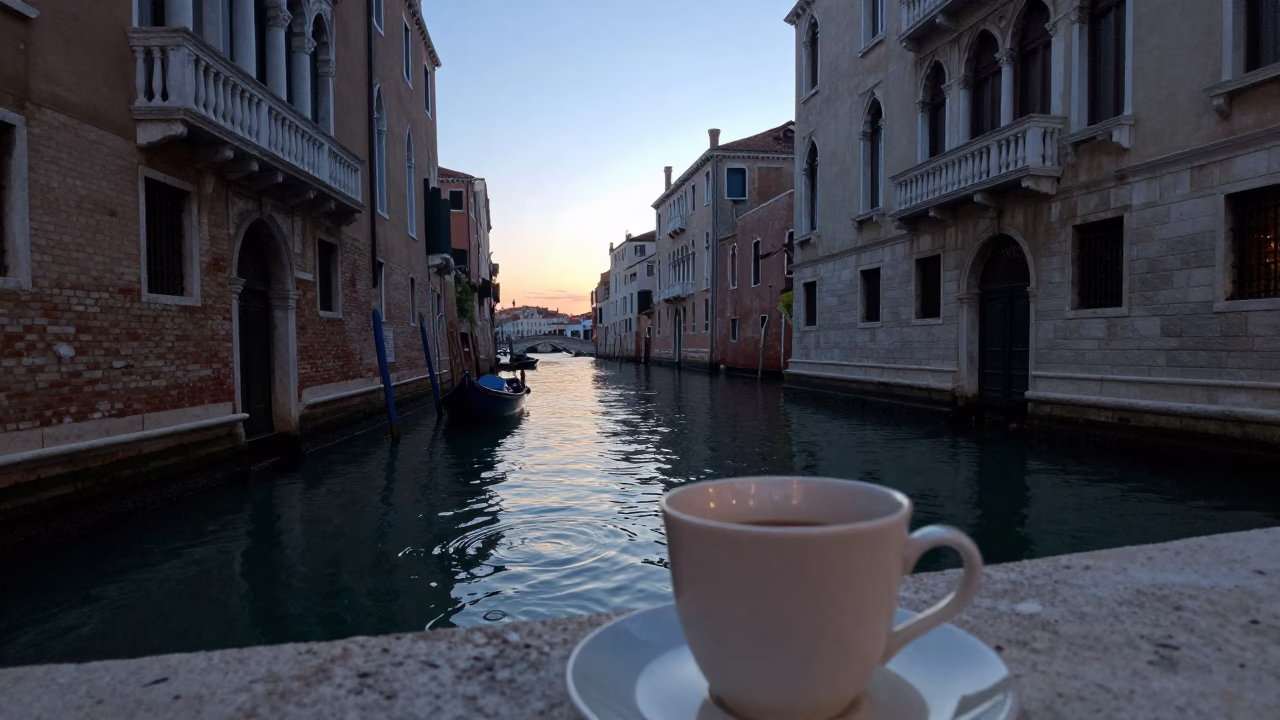 Dawn Light on Venice Canal with Ceramic Cup and Water Ripples on Stone in in Venice, Italy