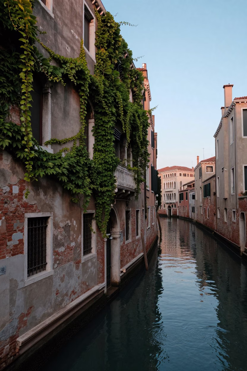 Dawn Light on Venice Canal with Weathered Ivy and Wooden Boat Details in in Venice, Italy