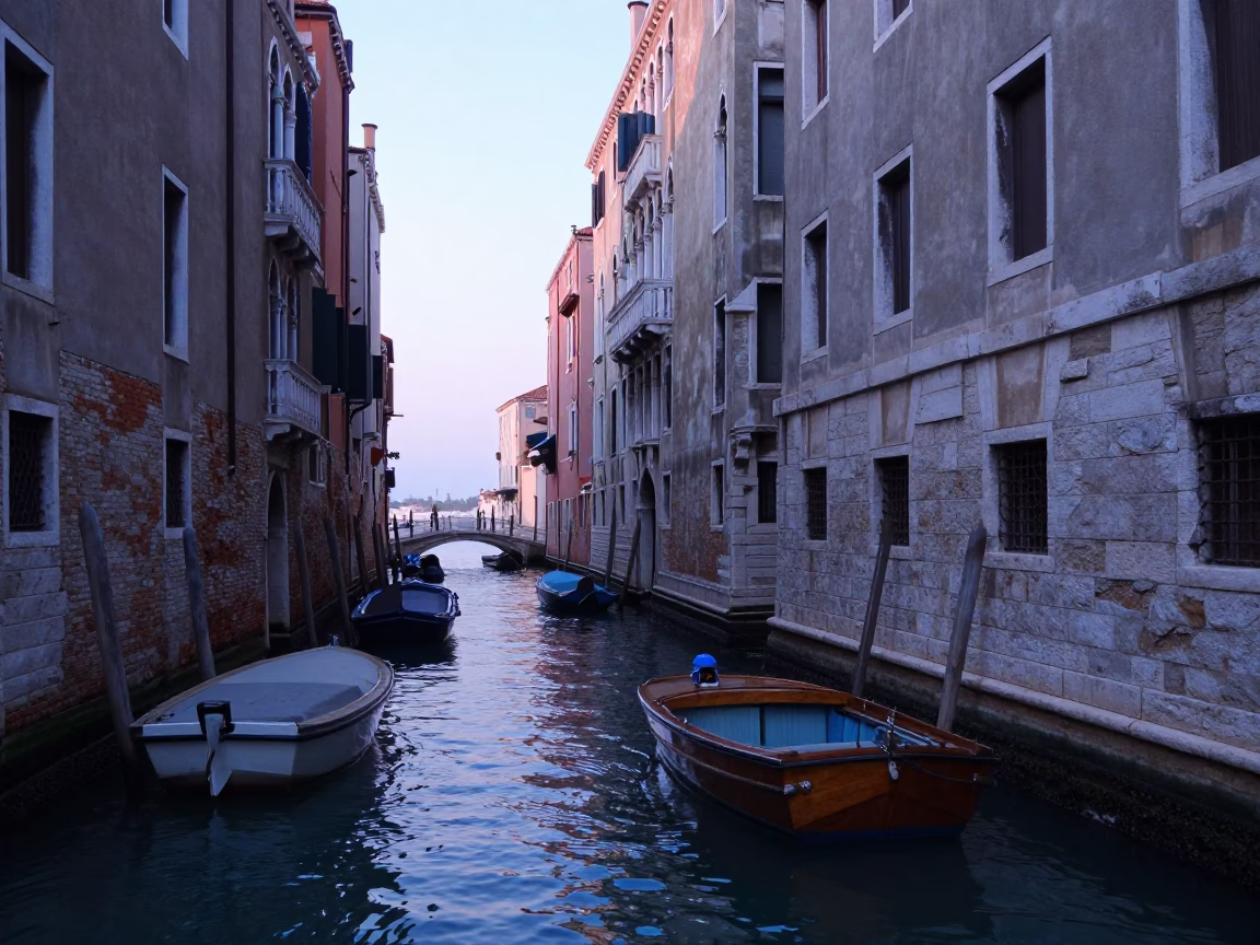 Dawn light on Venice canal with weathered stone walls and moored wooden boats in in Venice, Italy