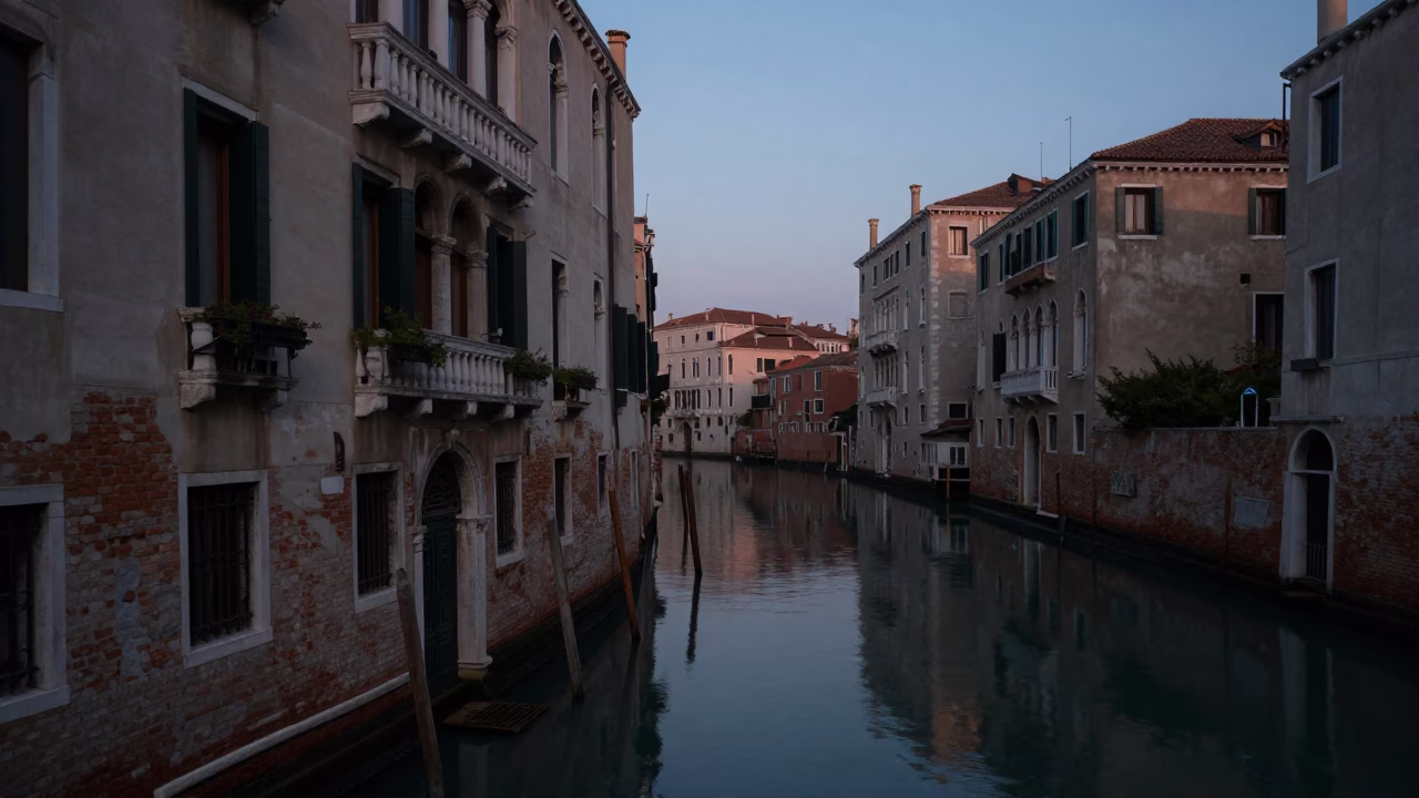 Dawn light on Venice canal with window boxes and wet stone reflections in in Venice, Italy