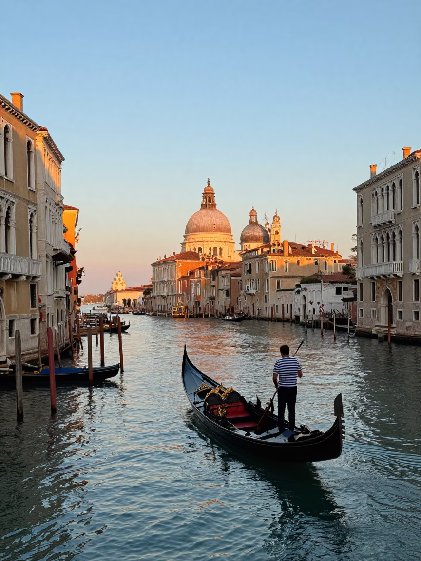 Dawn Light on Venice Canals with Traditional Gondola and Old Stone Architecture in in Venice, Italy
