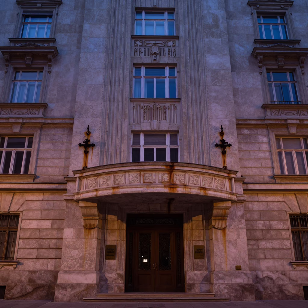 Dawn Light on Vienna Art Deco Hotel Facade with Rust Details in in Vienna, Austria