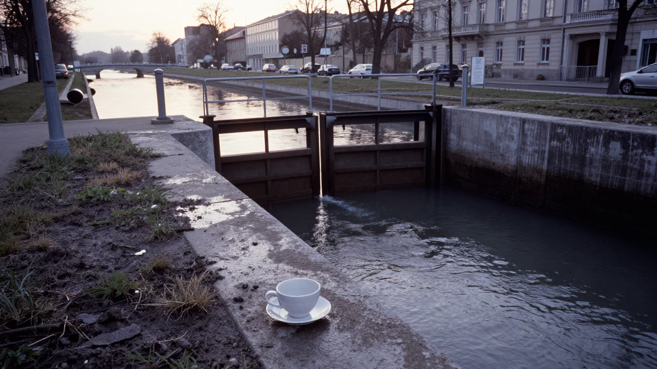 Dawn Light on Vienna Canal Edge with Ceramic Cup and Padlock Detail in in Vienna, Austria