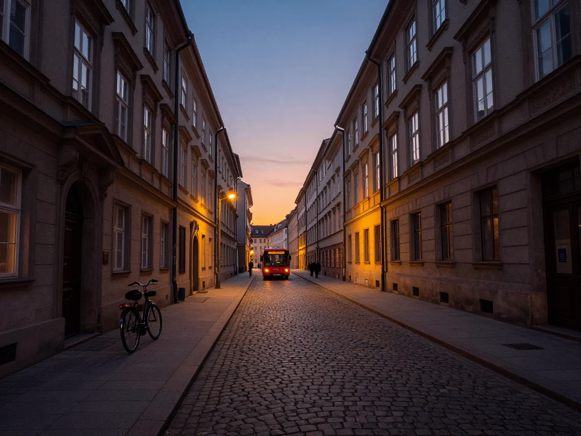 Dawn Light on Vienna Cobblestone Street with Bicycle and Trash Bin in in Vienna, Austria