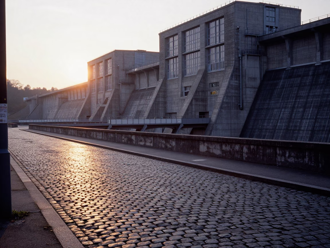 Dawn Light on Vienna Cobblestones Near Dam Powerhouse Penstock Lines in in Vienna, Austria