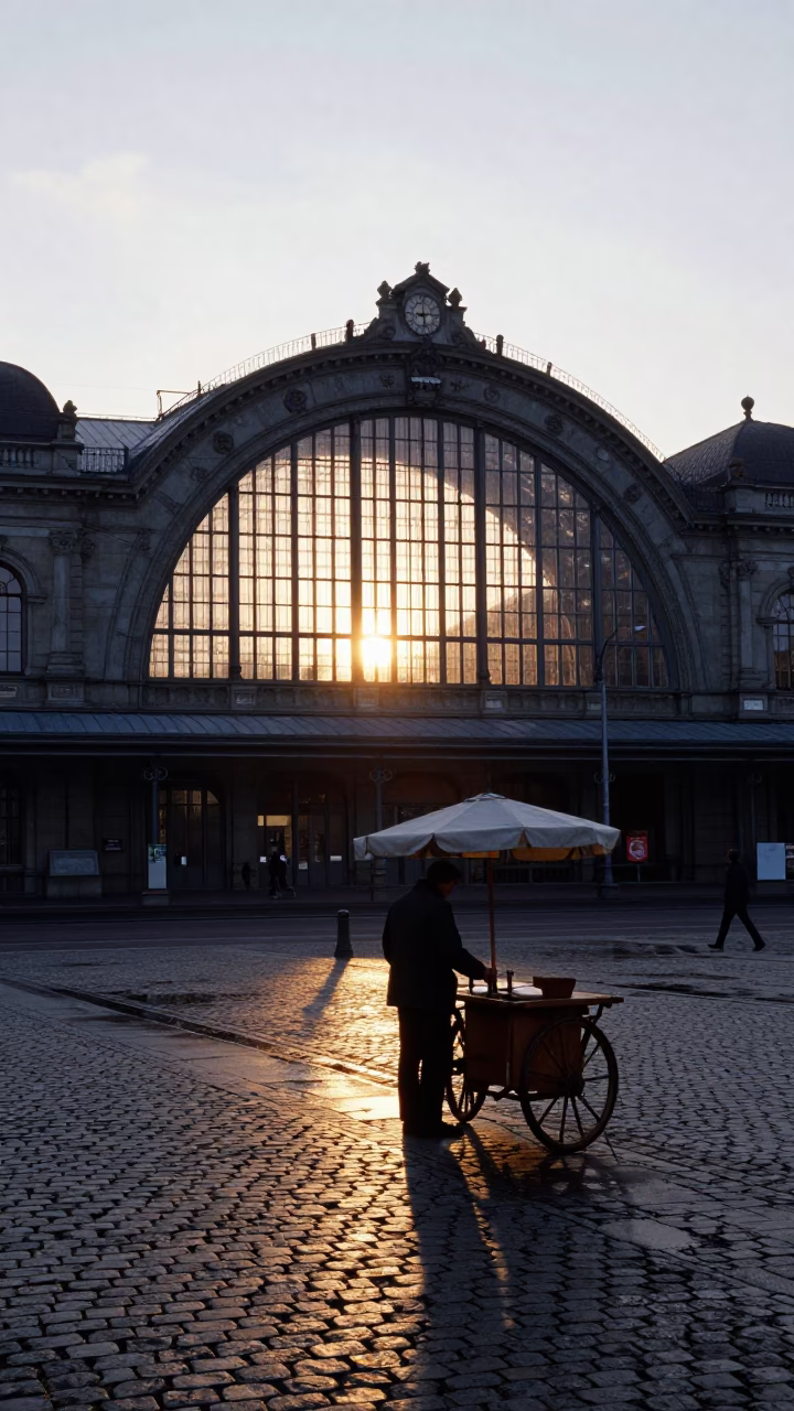 Dawn Light on Vienna Cobblestones Near Historic Train Station with Local Vendor in in Vienna, Austria