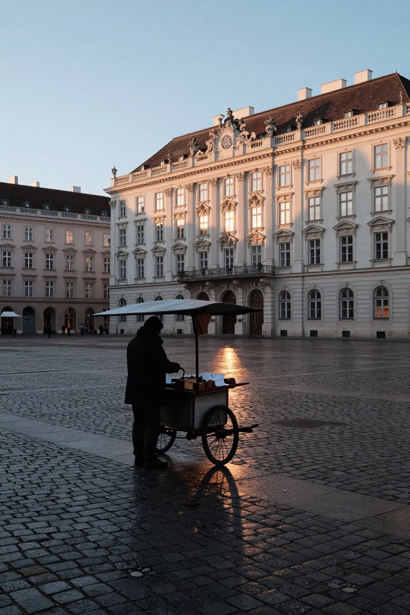 Dawn Light on Vienna Cobblestones with Street Vendor and Cutlery in in Vienna, Austria