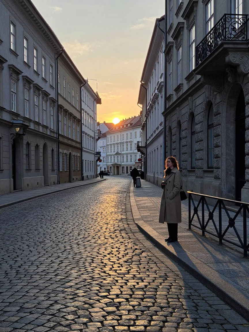 Dawn Light on Vienna Cobblestones with Vintage Glass and Jade Plant in in Vienna, Austria